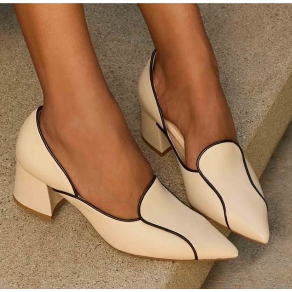 LIKE NEW Mavette Fiona Loafers Pointed Toe Block Heel Ivory/Black Trim EU 38.5